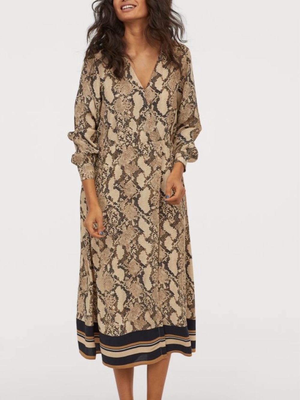 H&M Beige Snake Print V‑Neck Midi Dress with Striped Hem